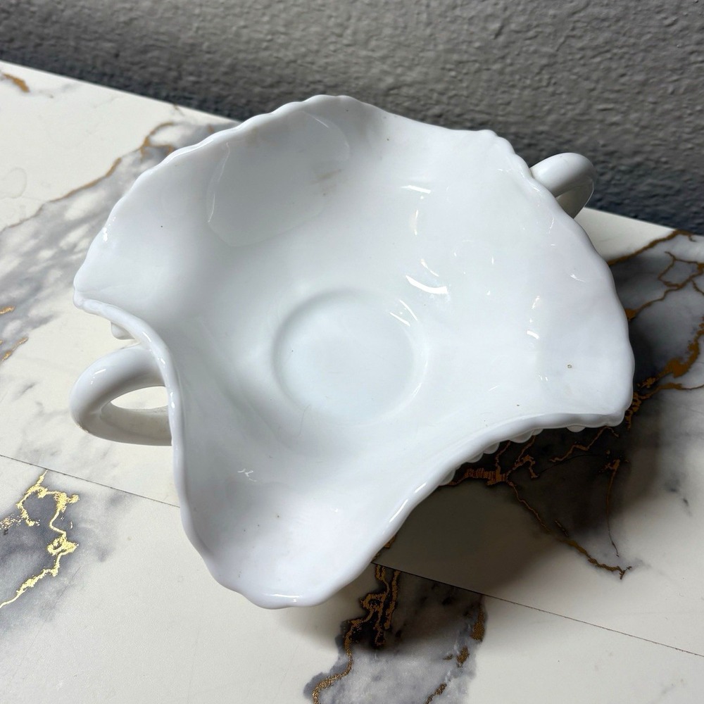 Vintage Imperial Style Milk Glass Grape Leaf Two Handled Pedestal Bowl 3in White